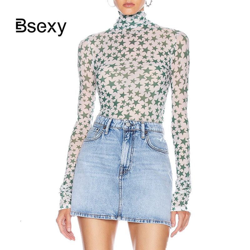 

polos Thin Turtleneck Women bottoming Stars Printted Basic ladies T shirt Female Stretch Long Sleeve See Through pullover Tops, Khaki
