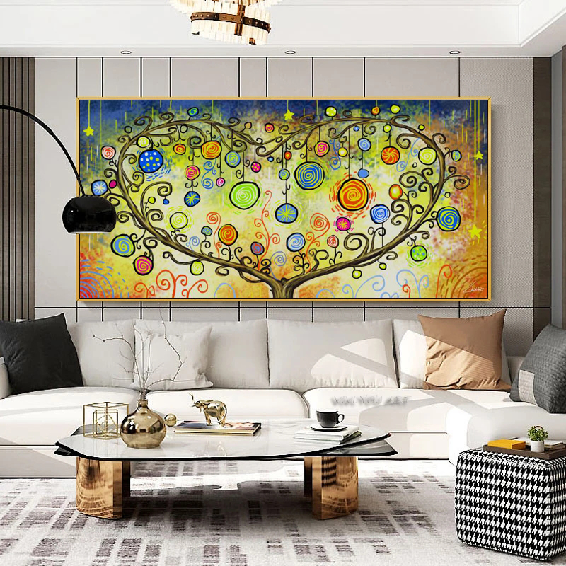 

Abstract Art Colorful Tree Painting Wall Pictures For Living Room Circle Heart Posters And Prints Oil Painting Printed On Canvas