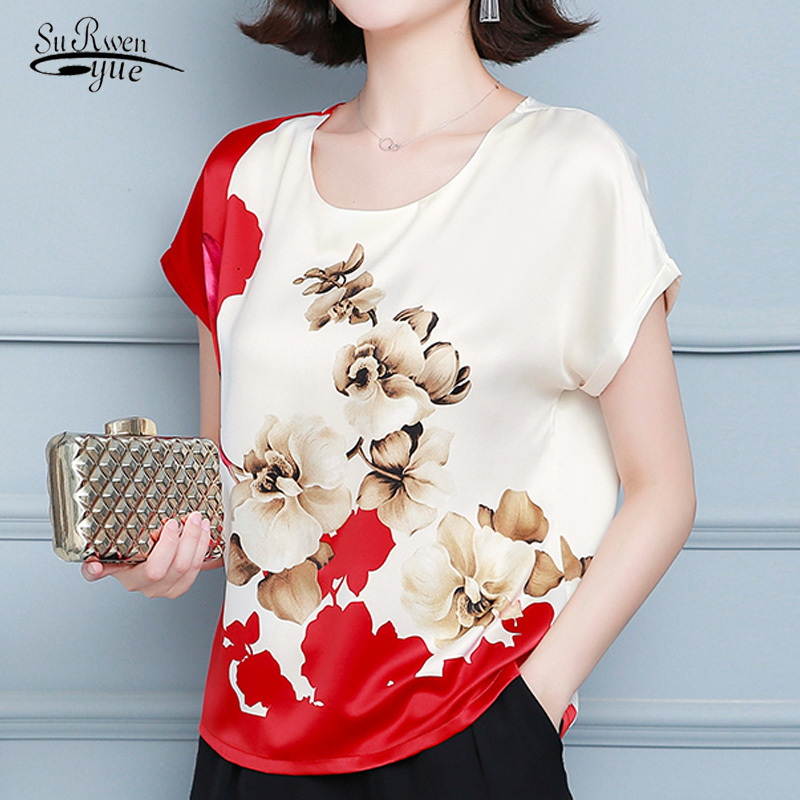 

Fashion Silk Blouses Blusas Mujer De Moda Summer Short Sleeve Printed Office Lady Tops Casual Satin Plus Size Shirts 10182 210521, Red