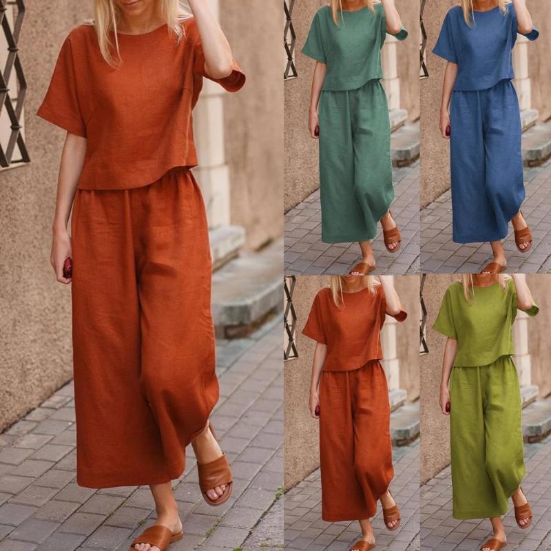 

Women's Two Piece Pants Casual Outfit Stylish Soft Short Sleeve T-shirt Wide Leg For Daily Wear Set, White