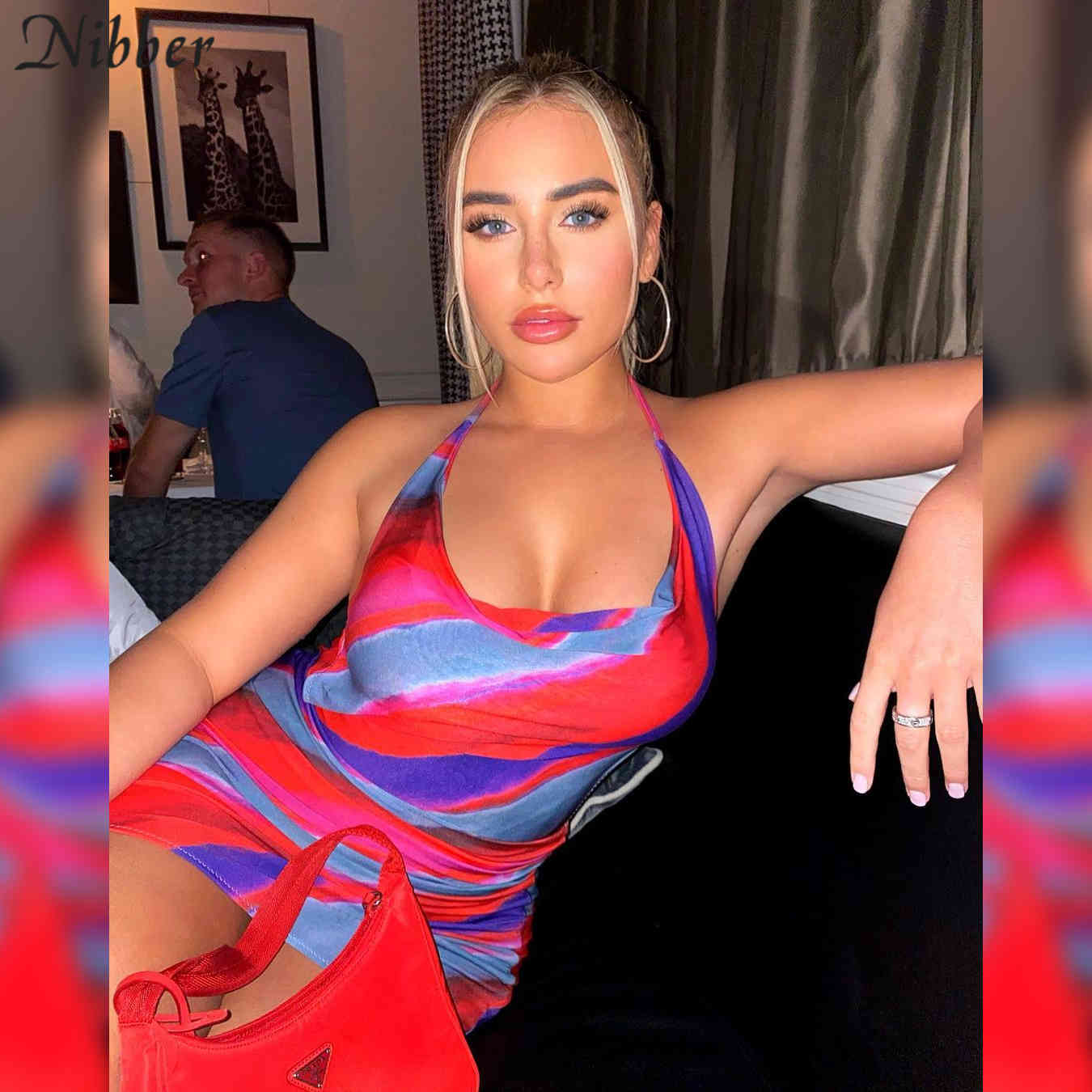 

Nibber 2021 Sleeveless Multicolor Printing Cut Out Patchwork Mini Dress Autumn Winter Women Fashion Sexy Party Club Elegant Wear C0402, Black;gray