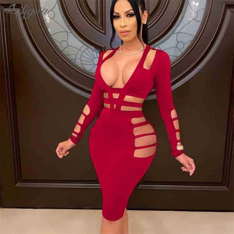 

Summer Hollow Women's Dress Long Sleeve Bandage Bodycon Nightclub Sexy V-neck Mid-length Vestidos 210525, Burgundy