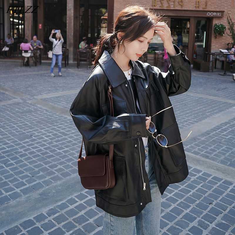 FTLZZ Autumn Women Loose Black Pu Faux Soft Leather Jacket Streetwear Female Biker Pockets Turn Down Collar Coat Outwear 210909