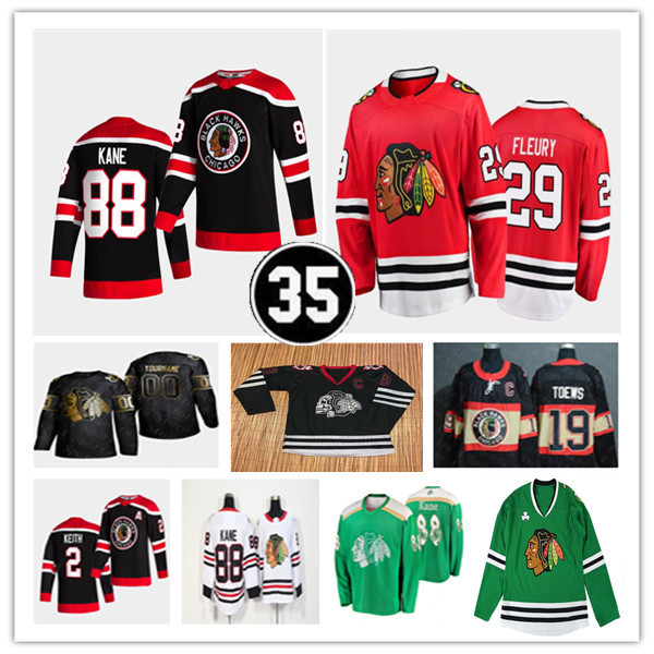 

Chicago Blackhawks Patrick Kane 35 Patch Jersey Hockey Marc-Andre Fleury Jonathan Toews Seth Jones Alex DeBrincat Kirby Dach Brandon Hagel Kurashev Johnson de Haan, Youth red
