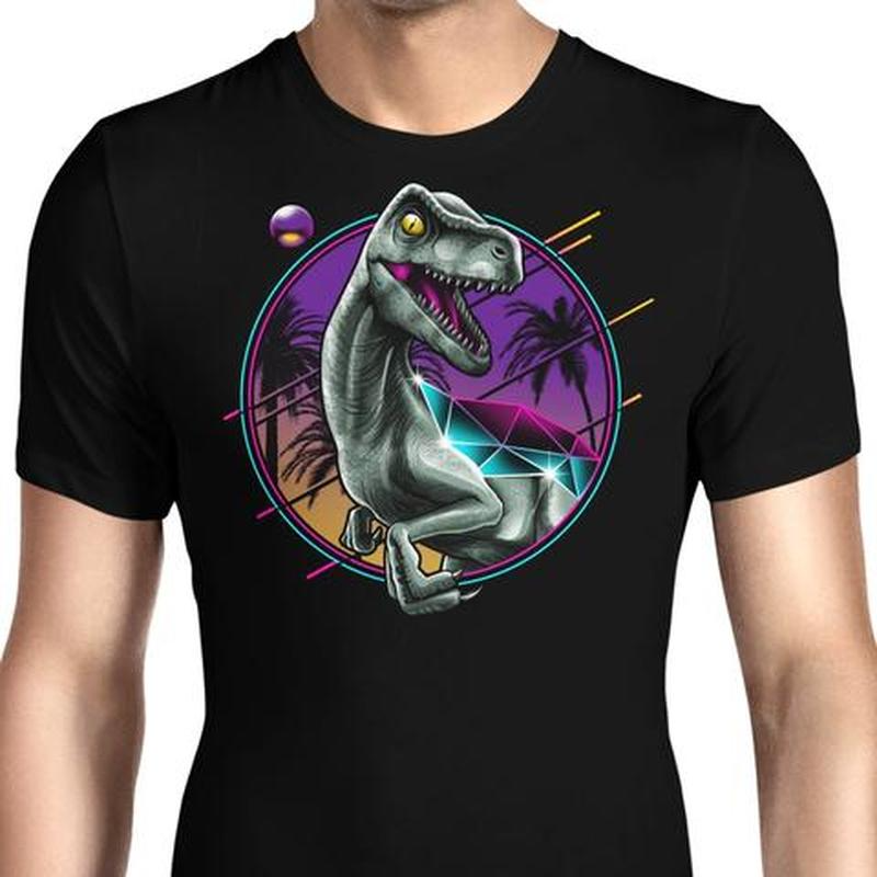

European style big dinosaur pattern ins wind round neck short-sleeved T-shirt for men and women, comfortable and loose, White;black