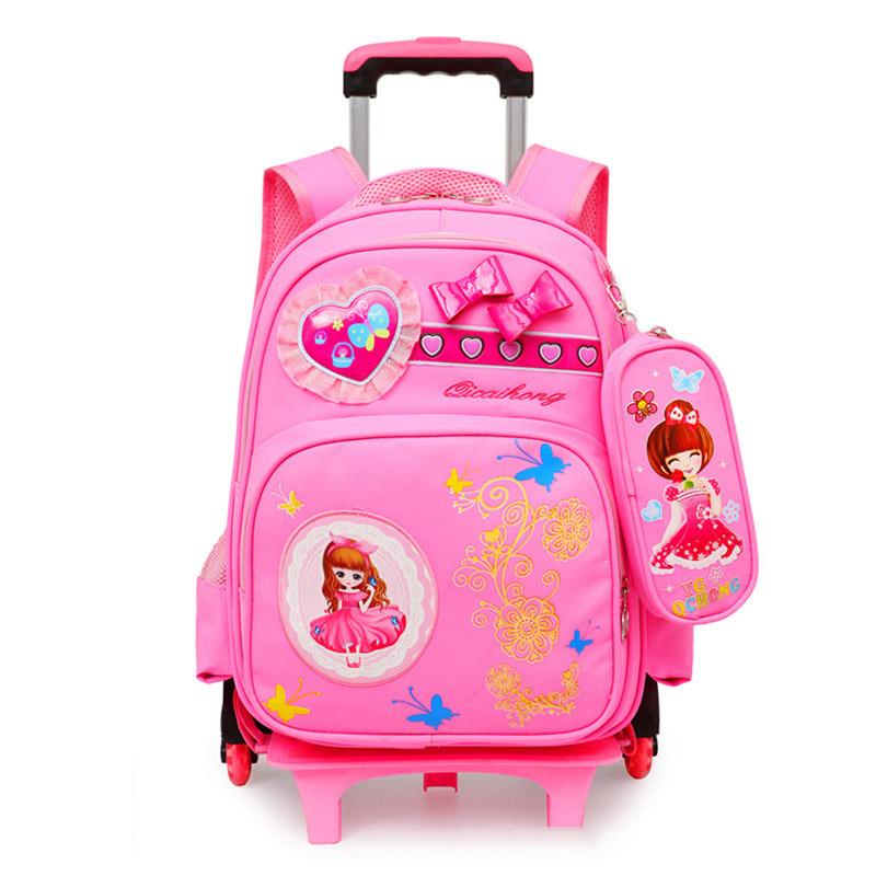 

Removable Children School Bags With 6 Wheels Can Climb Stairs Kids Trolley Schoolbag Book Cute Bow Girls Wheeled Backpack