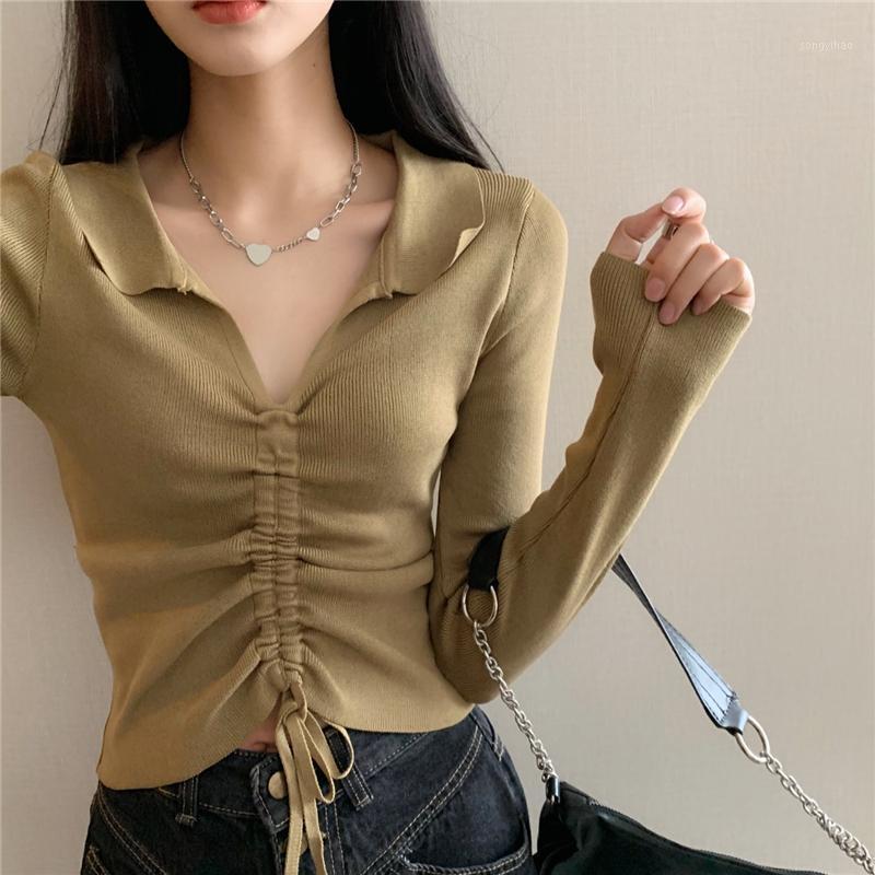 

Women's Sweaters Lapel Drawstring Knitted Top Women 2021 Autumn And Winter V-neck Base Sweater Black
