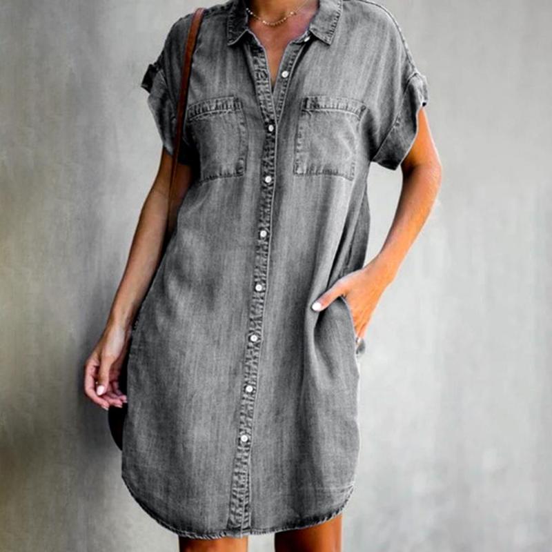 

Casual Dresses 2022 Summer Dress Women Short Sleeve Pockets Single-breasted Irregular Hem Knee-length Loose Thin Denim Vestidos 5XL, Light blue