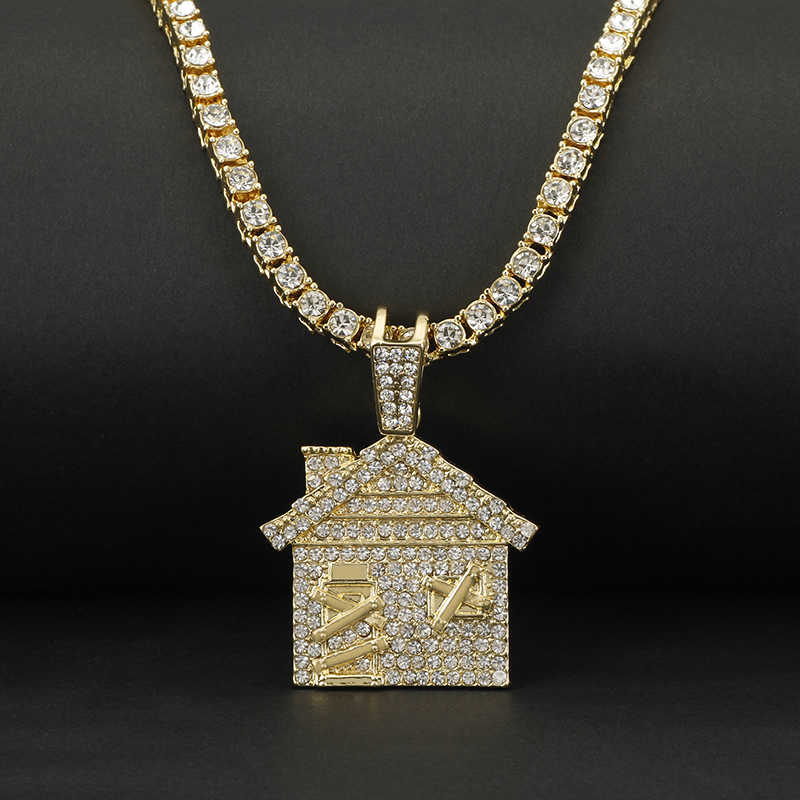 

Hip Hop Bando Trap House Necklace Men Bling Savage Pendant with Tennis Chain Female Ice Out Link Jewelry