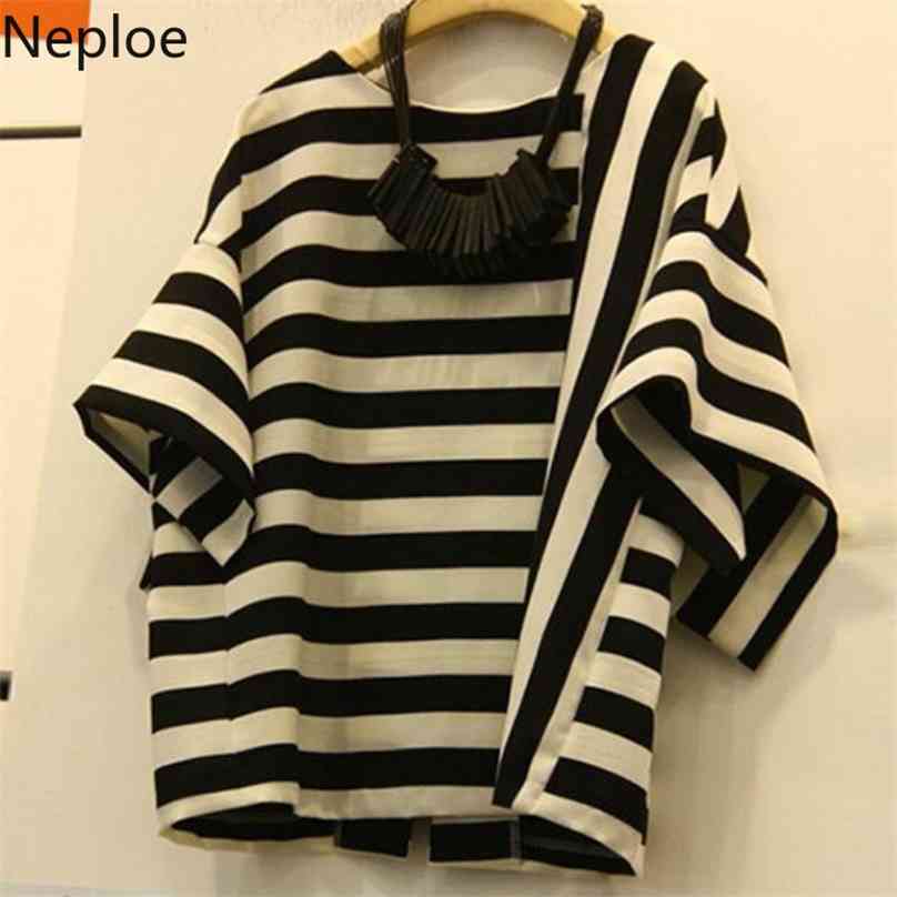 

Neploe Striped T Shirt Women Summer Arrival O-Neck Short Sleeve Tees Loose Fashion Cotton Ladies Tops 43877 210720, Stripe