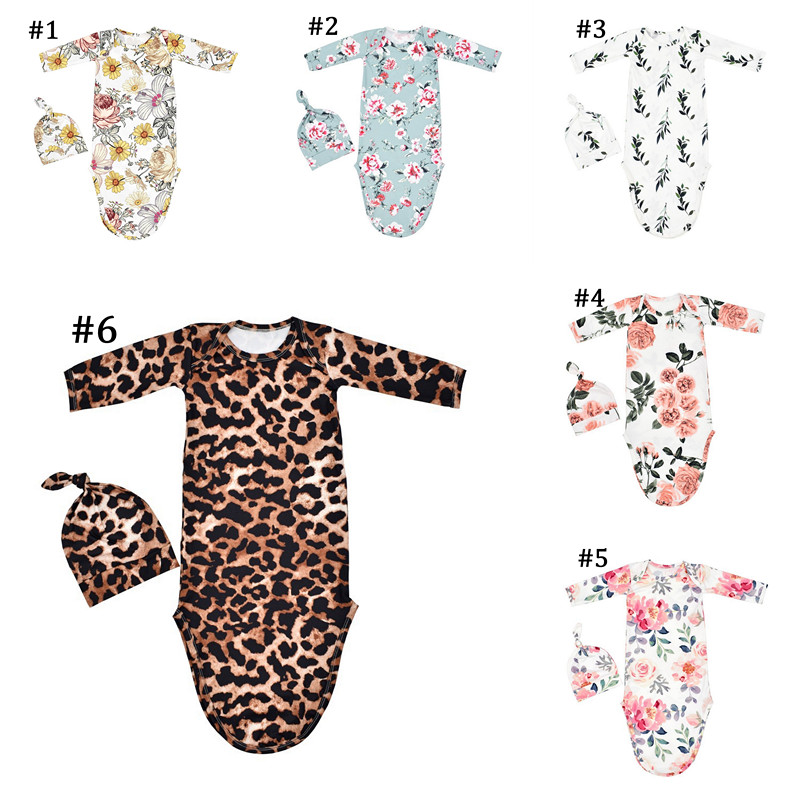 

Newborn Baby Swaddle Blanket Hat 2 Pieces Sleep Bag Suit Long Sleeve Gown Wrap INS Toddler Cartoon Flower Leopard Photography Prop