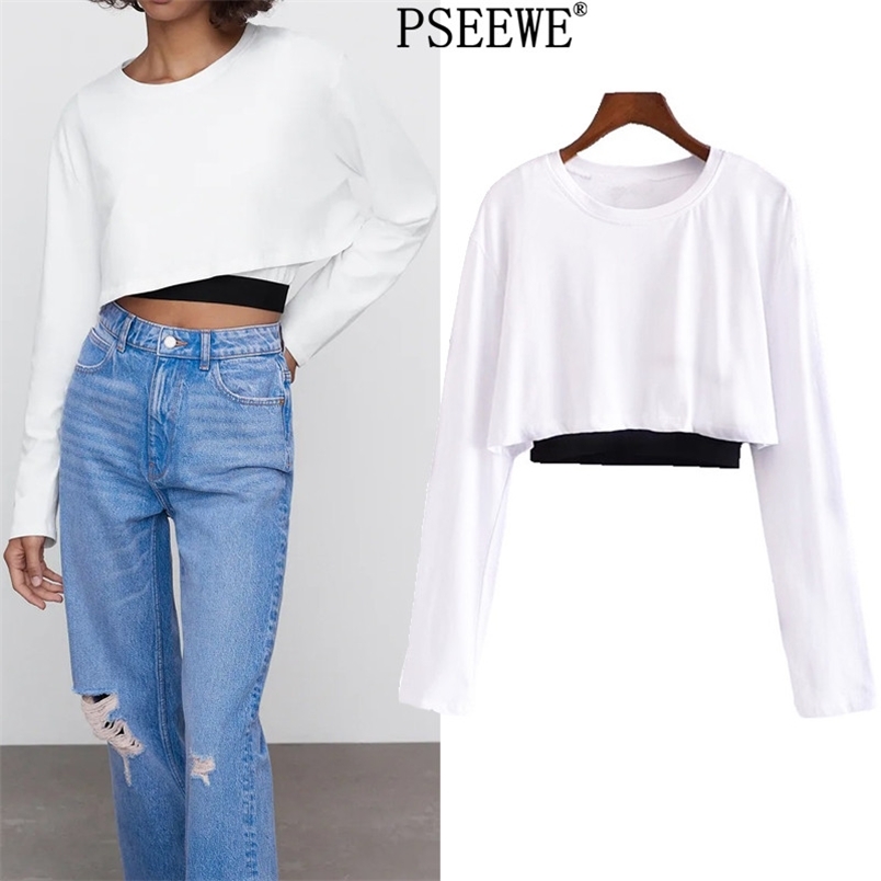 

White Crop Top Woman Chic Contrast Elastic Trims Long Sleeve T-Shirt Female Basic O Neck Cotton T-shirts For Girls 210519