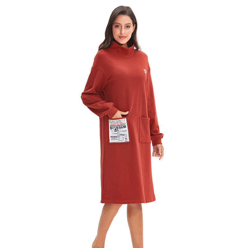 

Thick Fashion Casual Cotton Long Print Autumn Winter Women Sweatshirt Stand Neck Pullover Blouse with Pockets M30111 210526