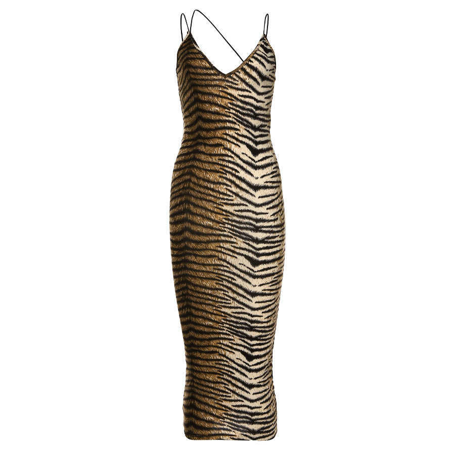 

Tiger Printed Spaghetti Strap Long Dress Women Sexy V Neck Animal Party Clubwear Pencil Dresses Summer Spring 210608, Photo color