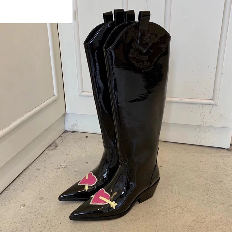 

Boots Pointed Toe Crystal Love-Heart Knee High Women Shiny Leather Chunky Mid Heel Shoes Autumn Slip On Cowboy Long Booties 8Q4P, Black