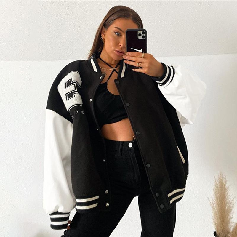 

Women's Jackets 2021 Autumn And Winter PU Stitching Contrast Color Loose Drop Shoulder Baseball Jacket Sports Casual, Black;brown