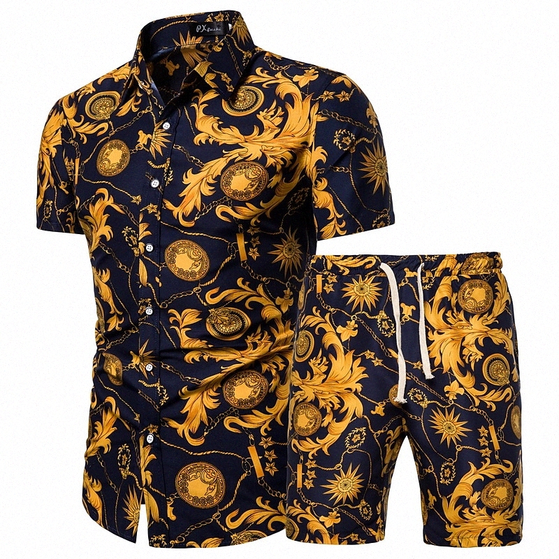Men's Set Graphic Geometric Plus Size Collar Classic Collar Athleisure Vacation Print Short Sleeve Tops Basic Boho Yellow / Beach H5ER#