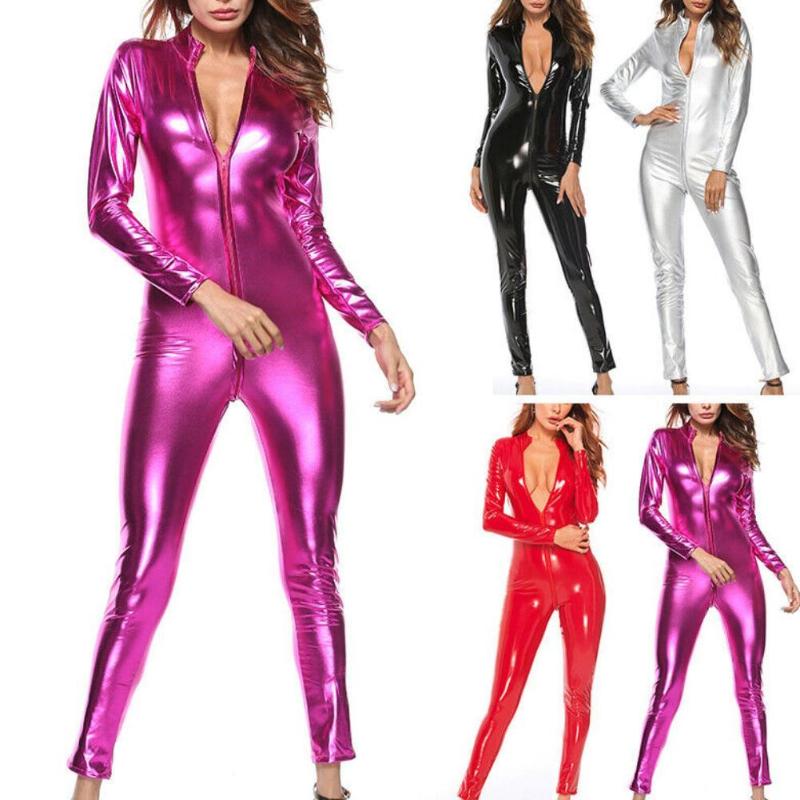 

Women's Jumpsuits & Rompers 2021 Women Solid Color Faux Leather For Front Zipper Bodycon Jumpsuit Tight One Piece Tracksuits, Black