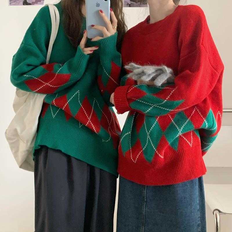 

Christmas Sweater Women Long Sleeve Loose Knitted Pullover Outdoor Oversize Party Korean Knitwear Autumn Winter Years 210604, Green sweater