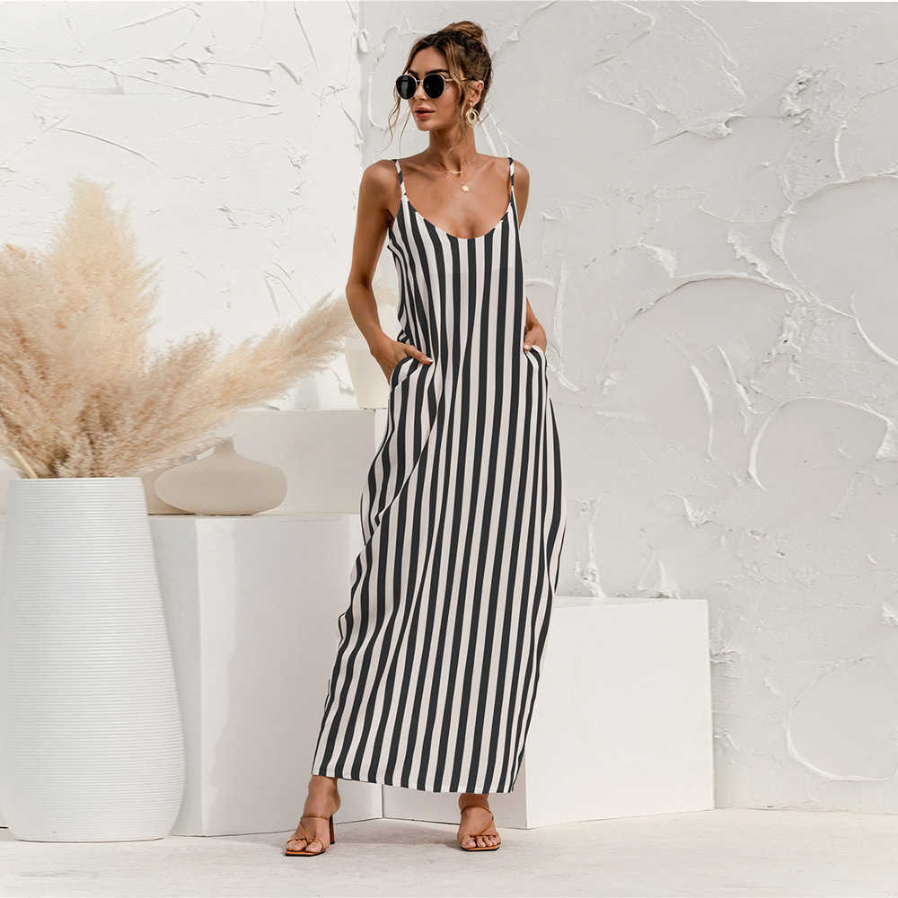 

Striped Backless Bohemian Maxi Dress Women Summer Sexy Spaghetti Strap Pocket Casual Loose Holiday Beach Robe Femme Vestidos 210526, Pink