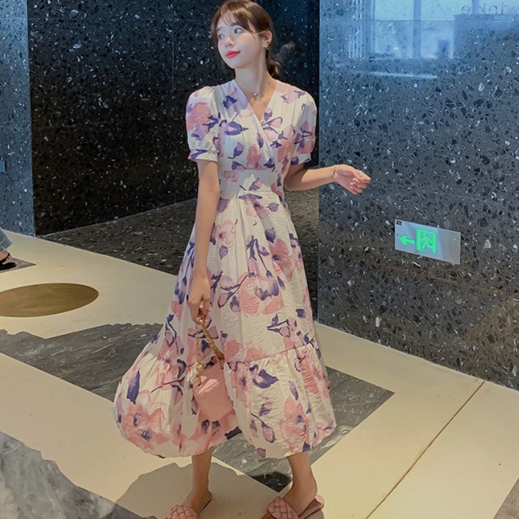 

Women Dresses Summer Sexy V Neck Floral Print Short Sleeve Midi Boho Beach Dress 210518, Black