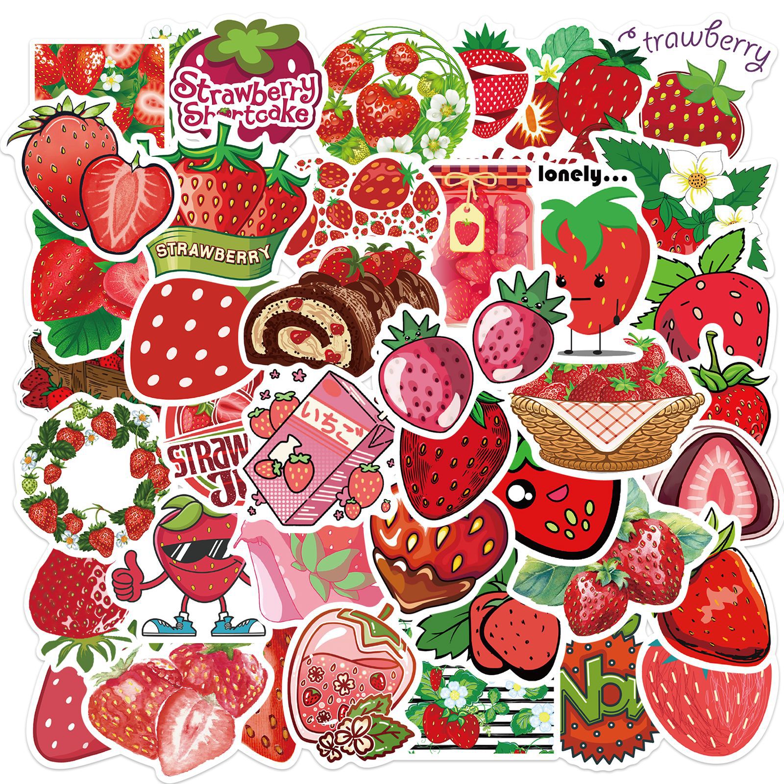 

Pack of 50Pcs Wholesale Cute Strawberry Stickers Waterproof No-Duplicate Sticker For Luggage Skateboard Notebook Helmet Water Bottle Car decals Kids Gifts, Multi-color