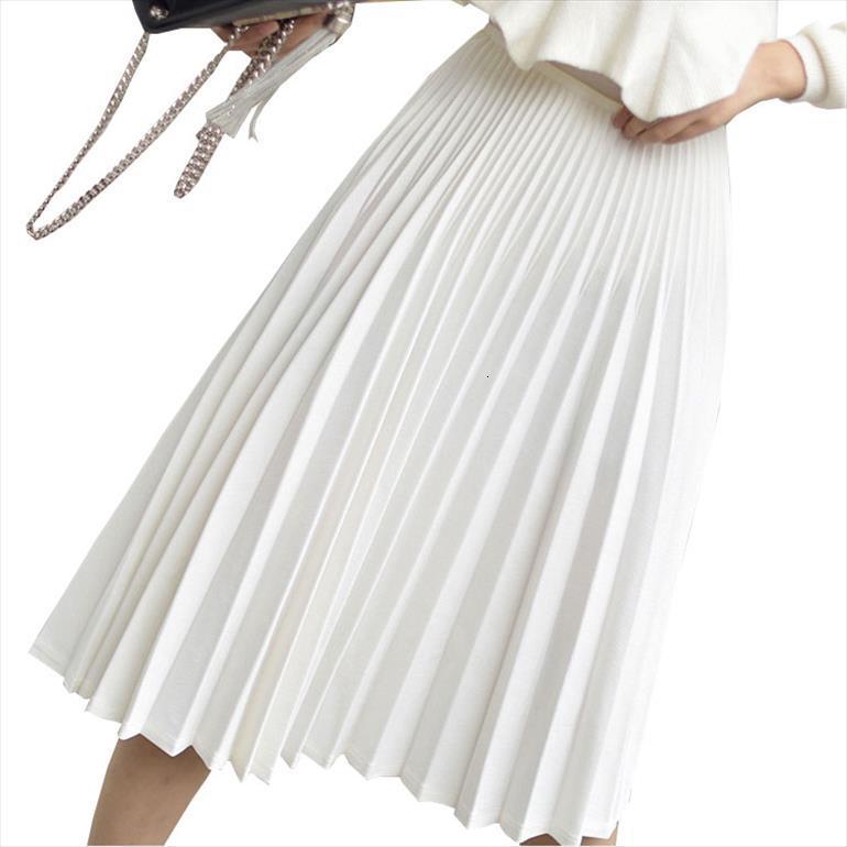 

Spring Elegant Pleated Women Skirt High Waist White Quality Midi Black Saia