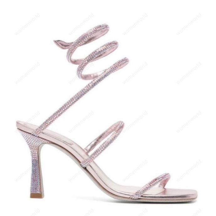 

RENE CAOVILLA 10cm stiletto High heel Sandals CRYSTAL Karung Cleam Snakelike twining rhinestone sandals women summer Top quality square toe heels shoes, Only a boxes