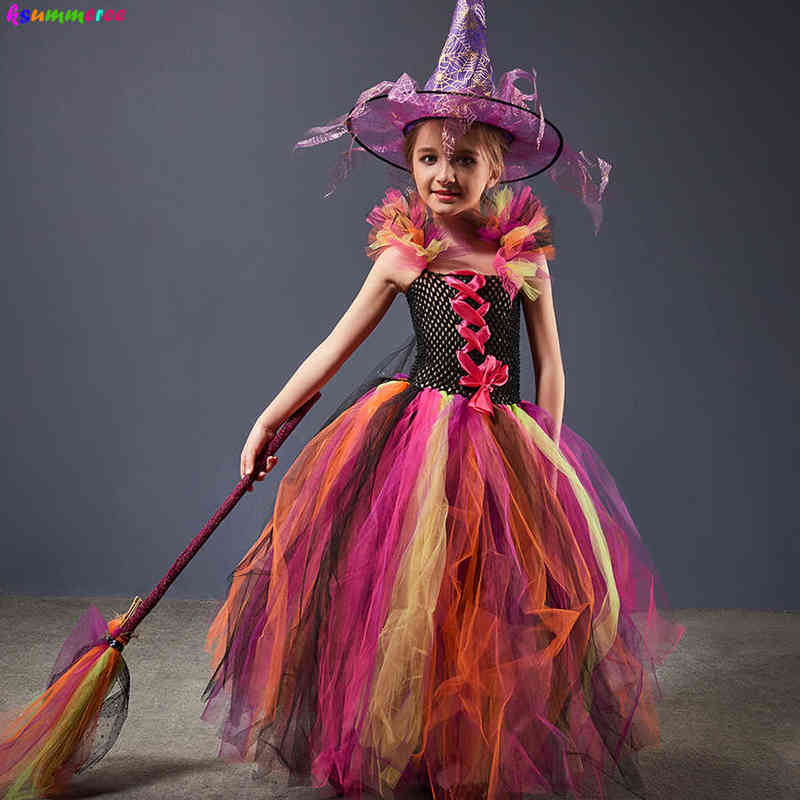 

Evil Witch Halloween Come for Girls Color Magic Gown Tutu Dress with Hat and Broom Kids Cosplay Carnival Party Fancy Dresses L220715, Witch dress