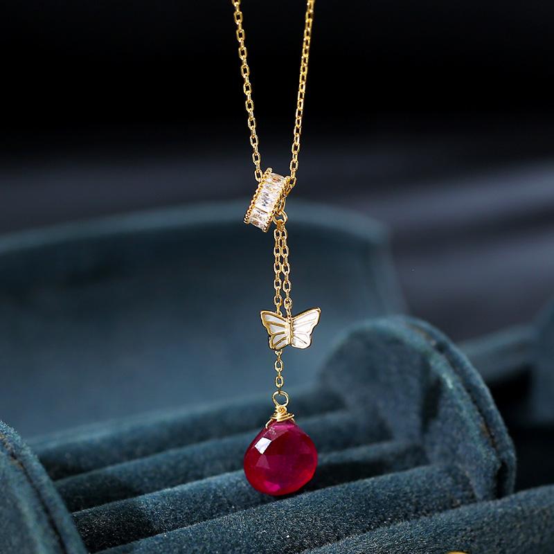 

Chains 9-10mm Ruby Necklace Female S925 Silver Tiancai Baoran Clavicle Pendant Genuine GiftChains