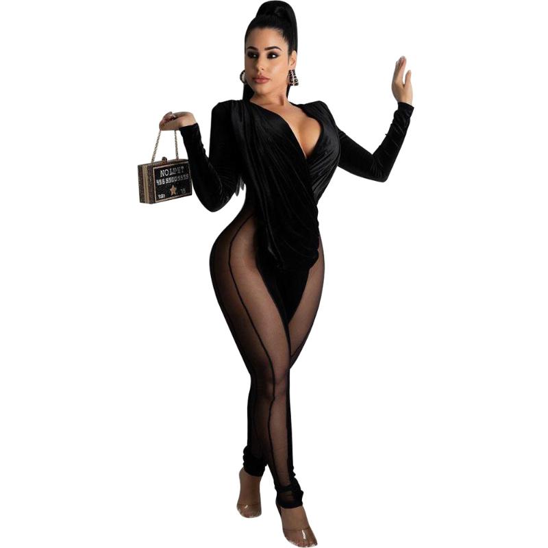 

Women' Jumpsuits & Rompers Sexy Black Sheer Mesh Patchwork Velvet Womens Jumpsuit Wrap V Neck Long Sleeve Pants Bodycon Club Party WomenWom, Black jumpsuit