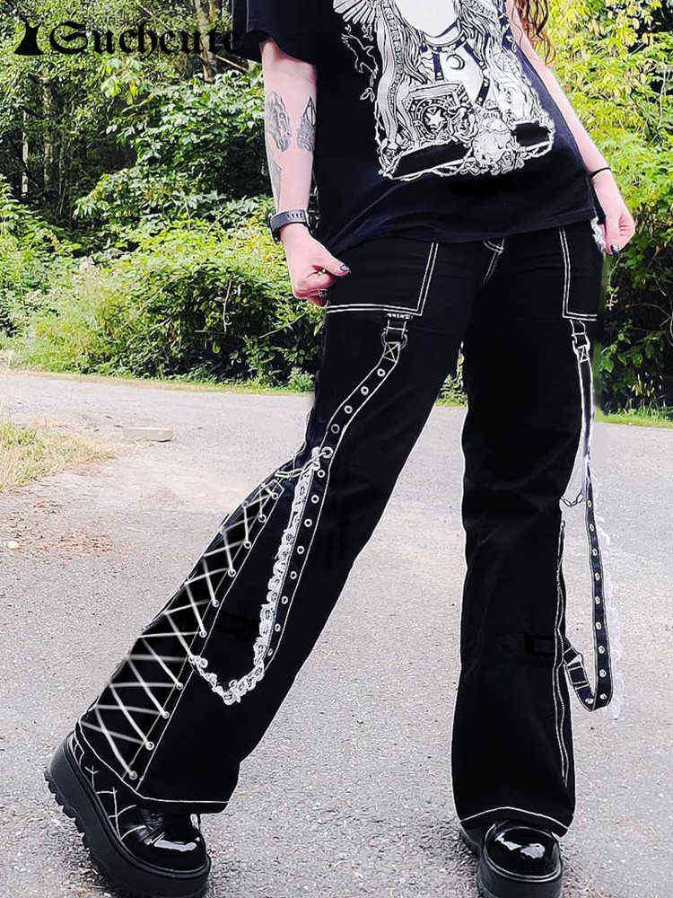 

SUCHCUTE Gothic Women Baggy Jean Aesthetic Lace Up Patchwork Dark Academia Streetwear Punk Casual Denim Trousers Straight Pants T220728, Black