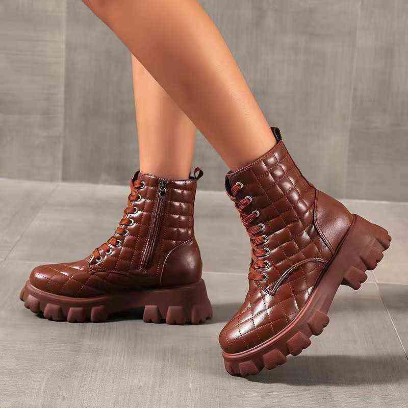 

Women Boots Large Size Martin Boot 's Autumn and Winter Thick Heel Bottom Warm Lace Up Round Head Plaid Fashion Short 0709, Black