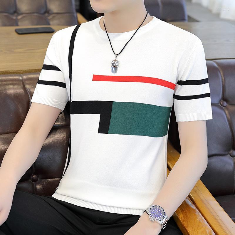 

Men's T-Shirts Ice Silk Knitted Short Men T-shirt Summer Thin Breathable Striped Clothes Casual Tops O-Neck T-ShirtsMen's Mild22, As picture