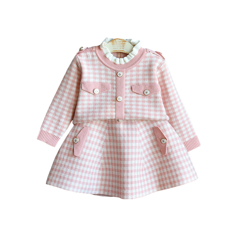 2022 Girls Dress Sets Cute Pink Plaid Pullover Thick Long Sleeve Sweater Shirt and Skirt 2 Pieces Girl Kid Clothing Suits Spring Outfits for Kids-image-775710017