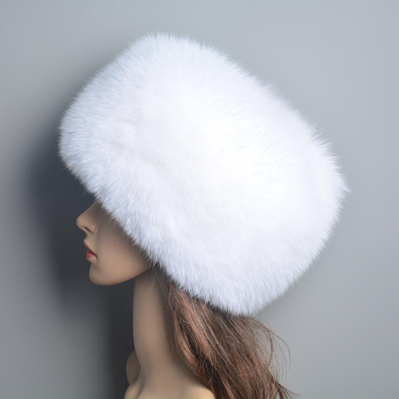 

Berets Natural Fur Beanies Women Winter Warm Fluffy Russia Style Female Round Cap Fashion Real Hats, White
