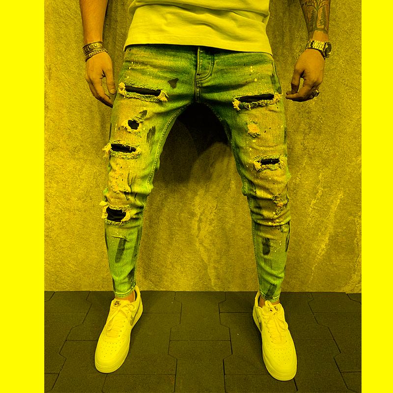 

Men' Jeans Men' Slim Pants Holes Painted Casual Trousers Pencil Skinny Men Fashion ClothingMen, Blue