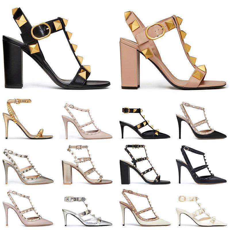 

With Box Designers high heel Sandals Pumps Dress Shoes Ankle Strap Roman Stud black nude sliver with Rivets womens stiletto heels 6 8 10 CM pointed open toes, 35-42 (22)