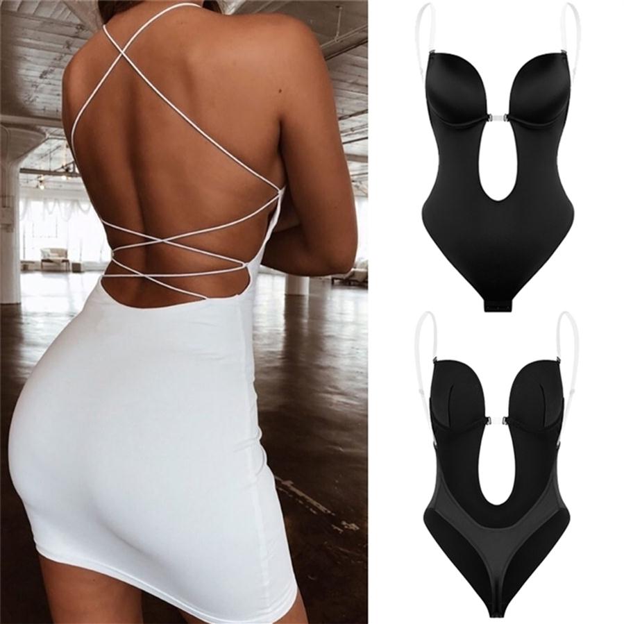 

Women Shapewear Faja Waist Trainer Shaper Body Tummy Shaper Deep V Bodysuit Clear Strap Backless Plunge Thong Push Up padded Bra 2307U, Black