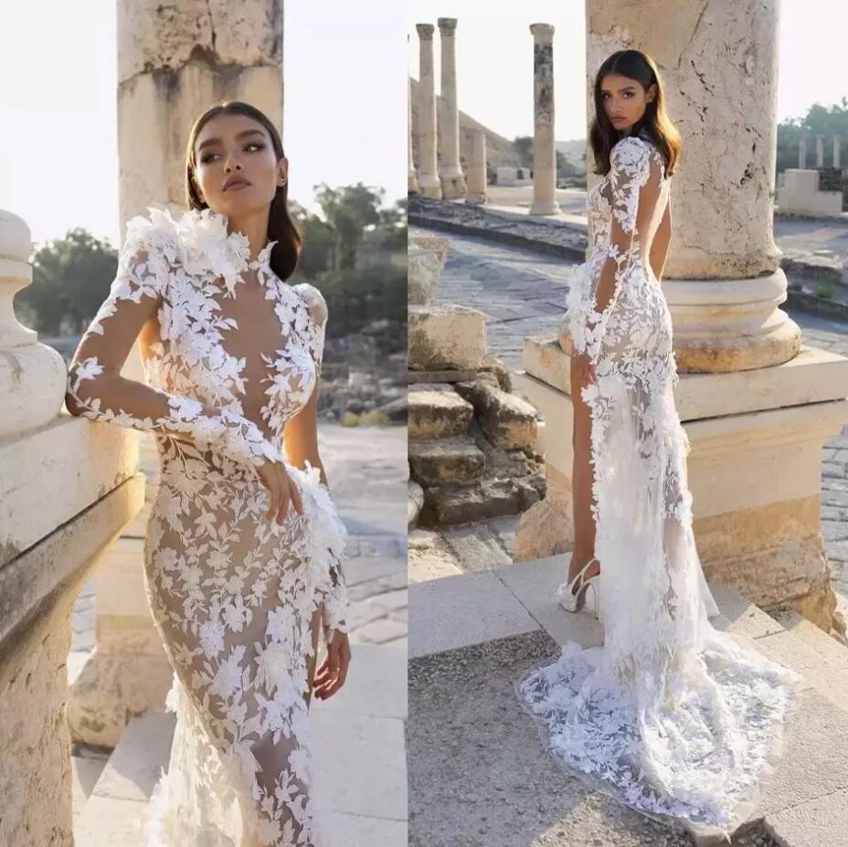 Saoudite sirène robe de mariée 2022 berta col haut côté fente illusion dentelle appliques à manches longues balayage train Boho robe de mariée VO