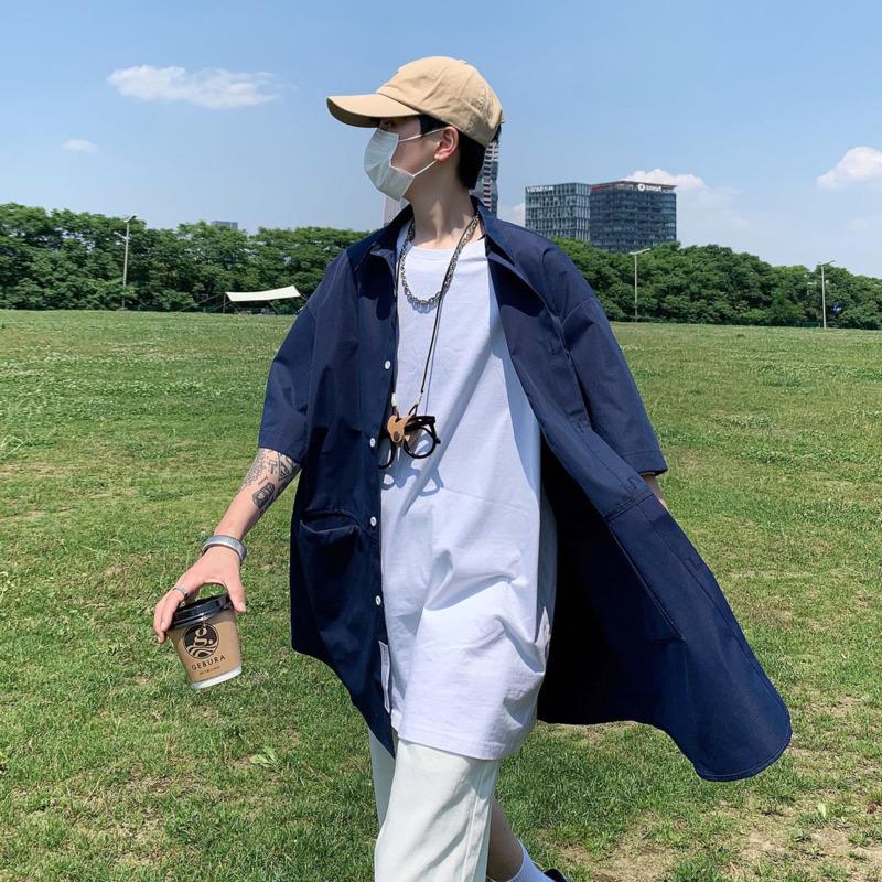 

Men's Casual Shirts Summer Long Shirt Men Fashion Blue Short Sleeve Mens Japanese Streetwear Loose Oversized Trench CoatMen's