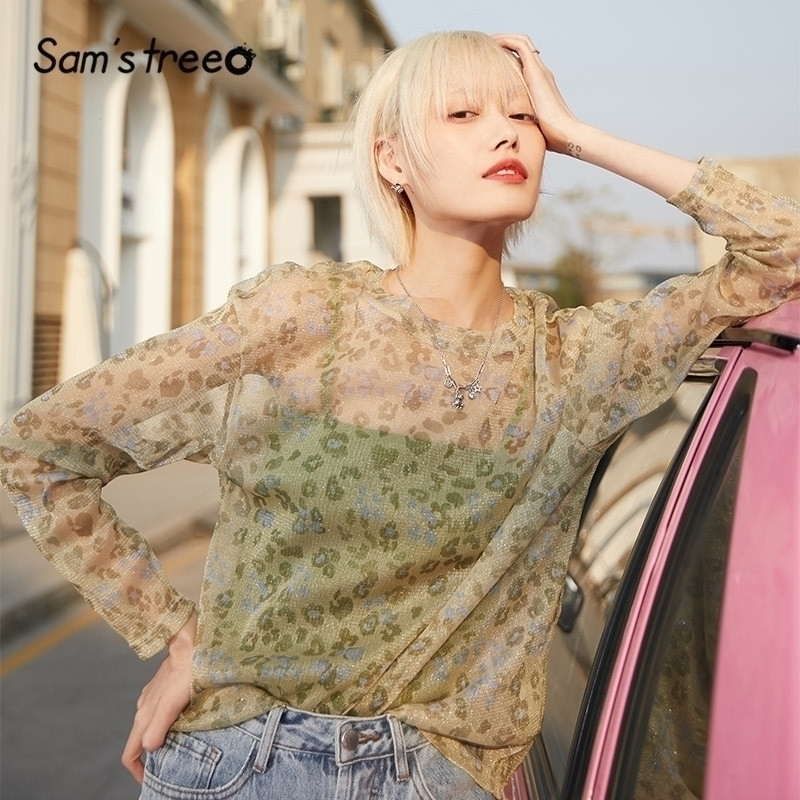 

SAMS TREE Green Leopard Print Mesh Tshirt Women See Through Fishnet Tees Spring Letter Dot Print Long Sleeve Ladies Tops Y200412