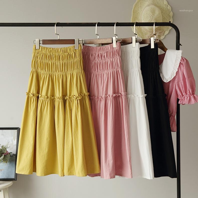 

Skirts Ruffles Patchwork High Elastic Loose Long Skirt Women 2022 Summer Korean Style Streetwear Bottom Solid Female Maxi, Black