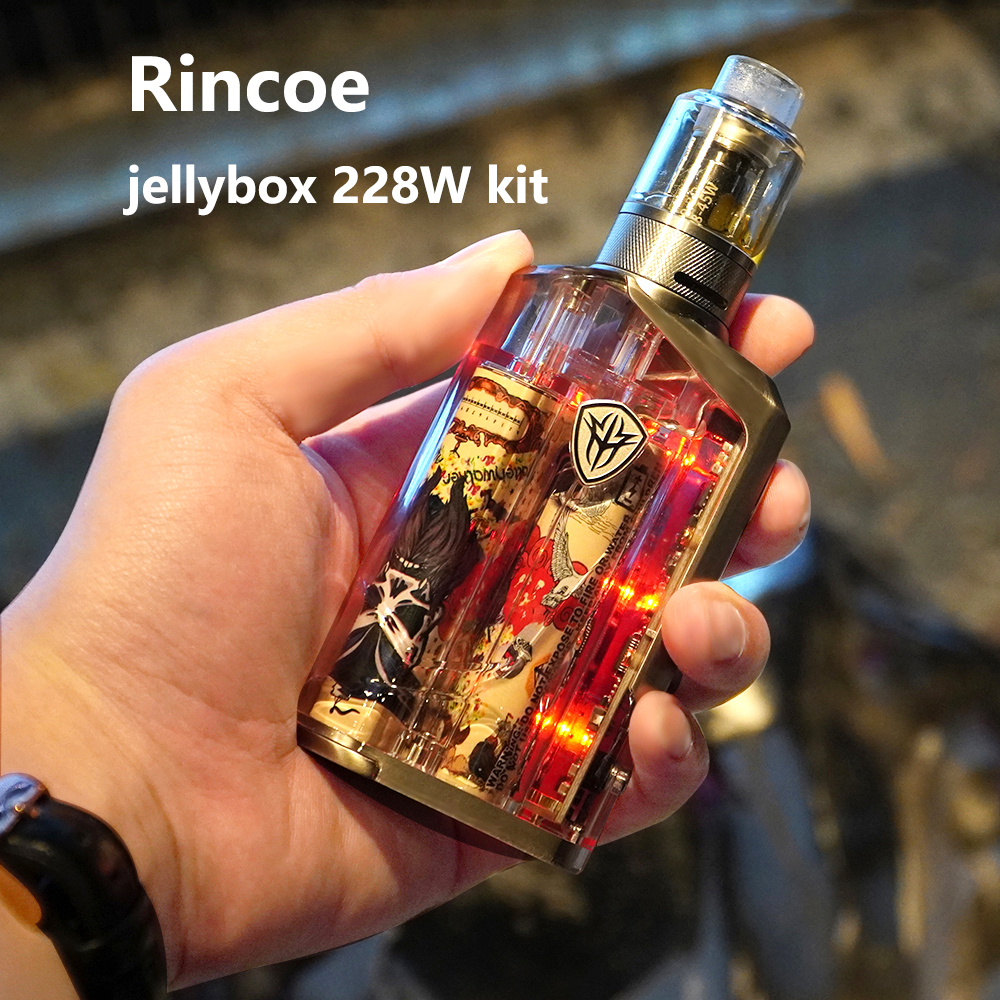 

new box mod e cigarette kit rincoe jellybox 228W adjustable power mesh coil vape transparent LED shine external dual 18650 atomizer rba color display vaporizer pen, Black clear