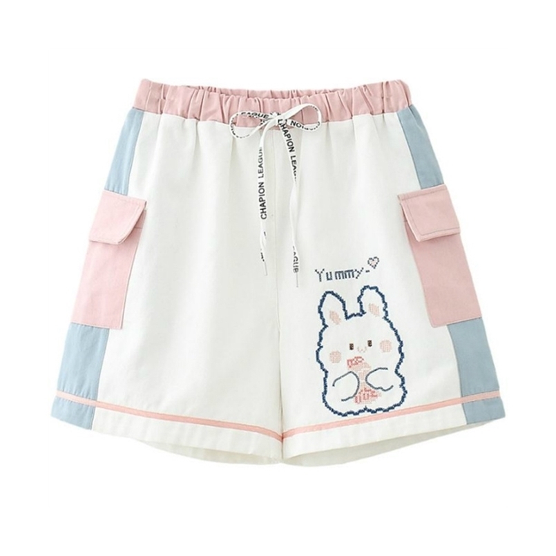 

Cartoon Rabbit Embroidery High Waist Casual Women Cotton Short Summer Sweet Style Korean Fashion Ladies Cute Kawaii Bottoms 220419, Beige