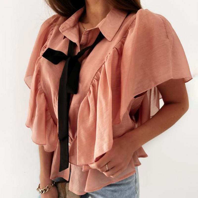 

Women' Blouses & Shirts Chiffon Shirt Tie-up Ruffle Solid Simple Summer Short Butterfly Sleeve Women Blouse For Work Elegant Office, Khaki