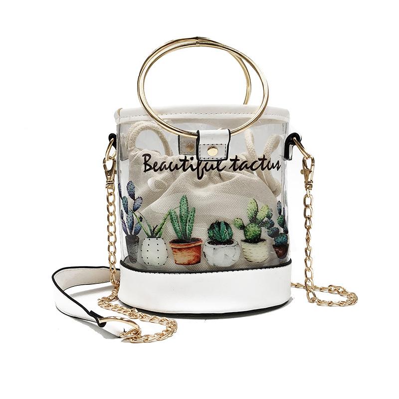 

Shoulder Bags Summer Transparent Women Crossbody Bag Fruit Print PVC And Canvas Beach Handbag Small Messenger Bucket Rings Handle StringShou, Black