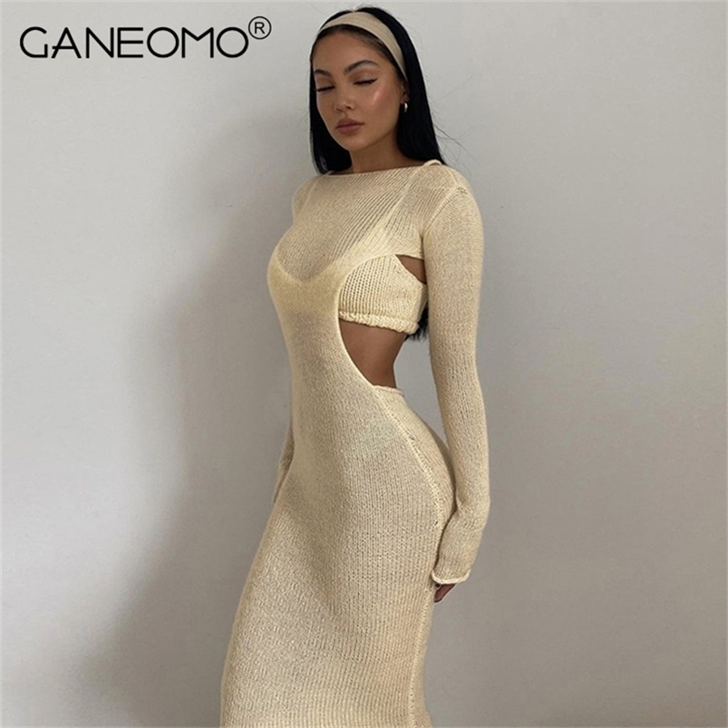 

Long Sleeve Knitted Maxi Dress for Women Spring Sexy Bodycon Cut Out Party Club Tight Dresses Elegant Black Clothing 220728, Khaki