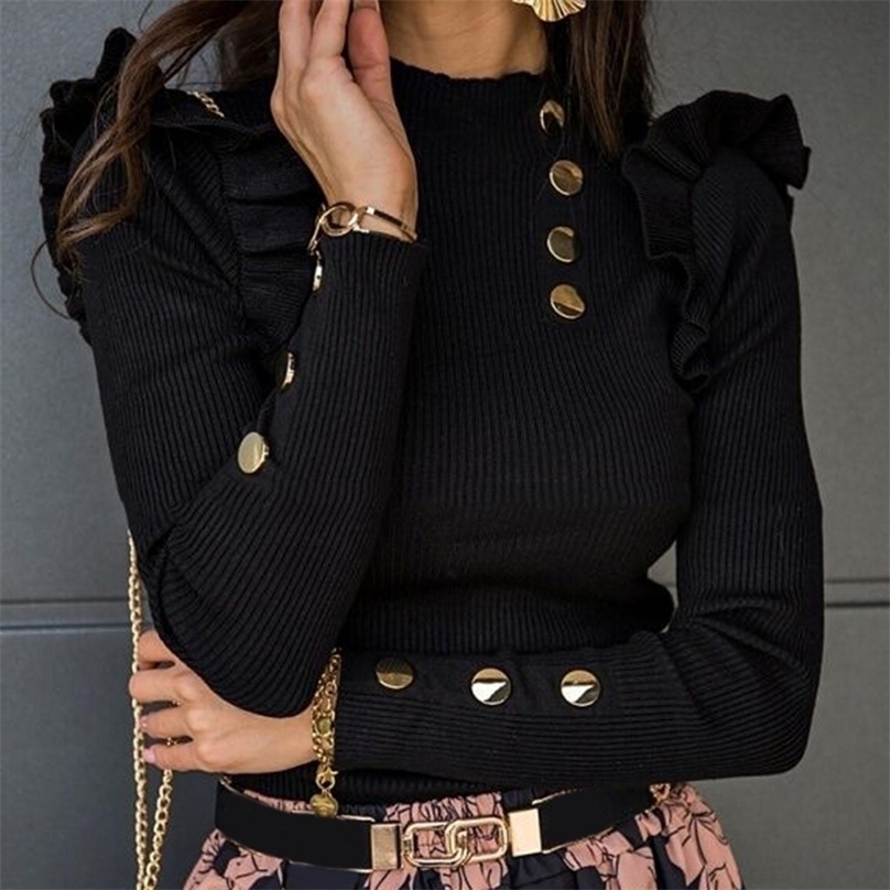 

Plus Size Autumn Winter Women Blouse Long Sleeve Knitwear Rib Ruffle Buttons Basic Shirt 220815, White