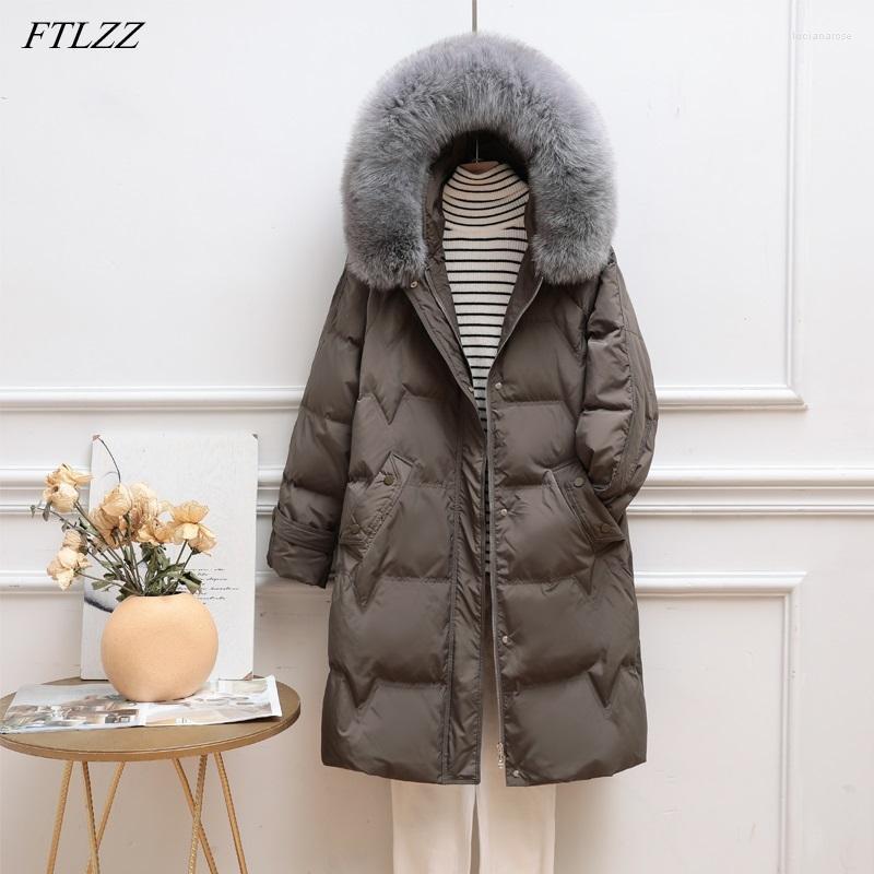 

Women' Down & Parkas FTLZZ Winter Large Natural Real Fur Collar Hooded Feather Long Jacket Women Bubble Cuff Warm Coat Casual Loose Outwear, Beige